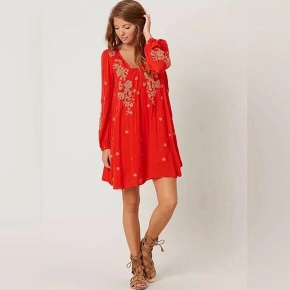 Free People Sweet Tennessee Red Dress. Embroidered mini boho dress. - Picture 2 of 7